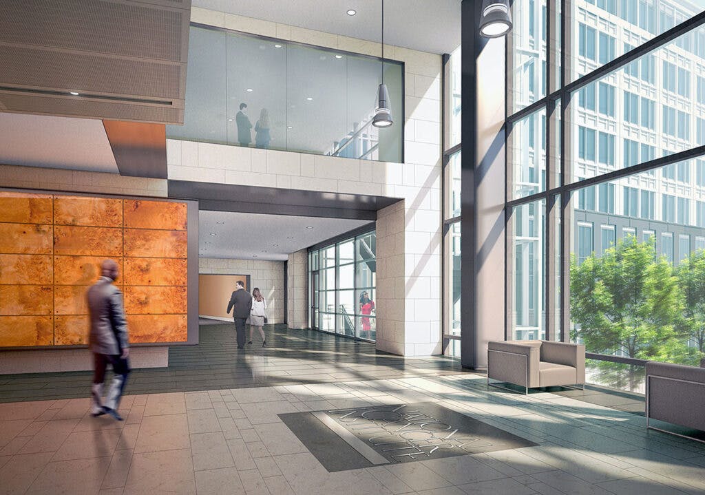 A rendering of the lobby of the National Cancer Institute (NCI) at Shady Grove. The NCI is a large research institute that is dedicated to the study of cancer. The lobby of the NCI at Shady Grove is a modern and welcoming space that is designed to be comfortable for patients, visitors, and staff.
